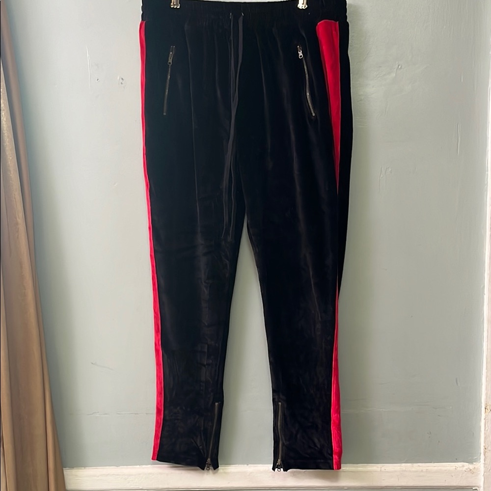 Black and Red Athletic Velour Sweatpants with Elastic Waistband